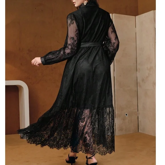 Plus Black Eyelash Lace Button Down Semi Sheer Long Sleeve Dress - Picture 2 of 5